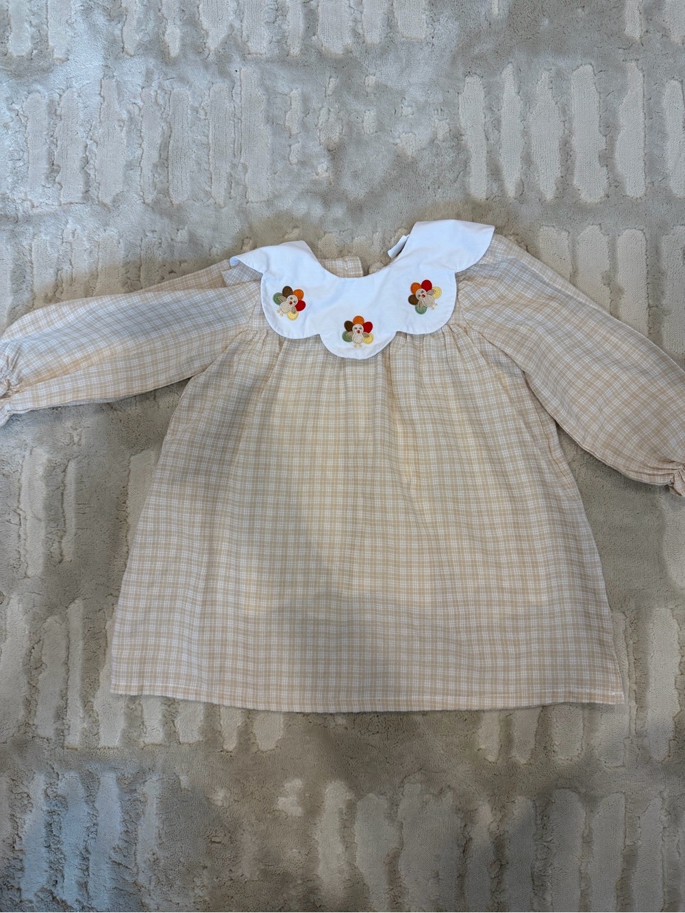 Girls Beige Plaid Long-Sleeve Dress with Embroidered White Collar